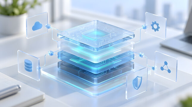 Abstract 3D Conceptual Illustration of Glass Blocks Representing Cloud Computing Architecture, Data Processing Unit with Security, Database, and Networking Icons on a Bright Modern Desk Background