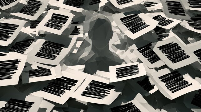 Silhouette of a person buried in a large pile of redacted documents. This depicts the theme of government censorship and hidden corporate information.
