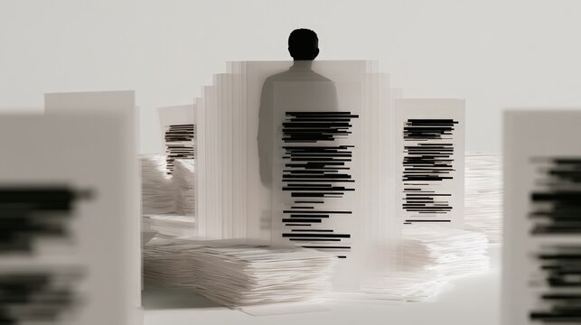 A silhouette of a man stands behind translucent redacted documents in a minimalist white space. This conceptual imagery works well for data privacy and cybersecurity themes.