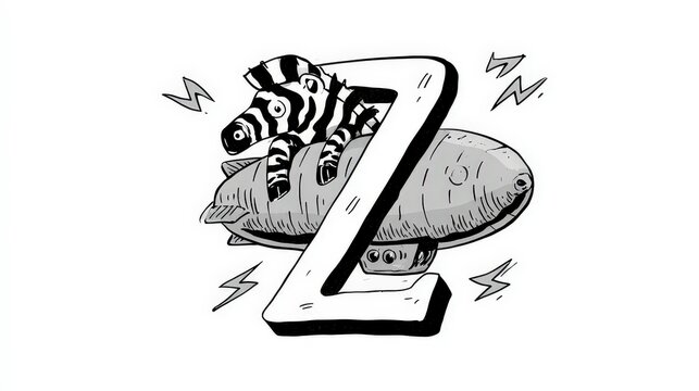 A cute zebra riding a blimp next to the letter Z isolated on white background. Perfect for children alphabet educational books and vector illustrations.