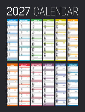 English desk calendar 2027 with week numbers. Editable vector template with isolated layers, customizable design.