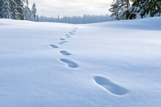 Footprints in fresh snow leading into a serene winter forest under a cloudy sky. Peaceful and tranquil winter landscape, perfect for seasonal and nature concepts.