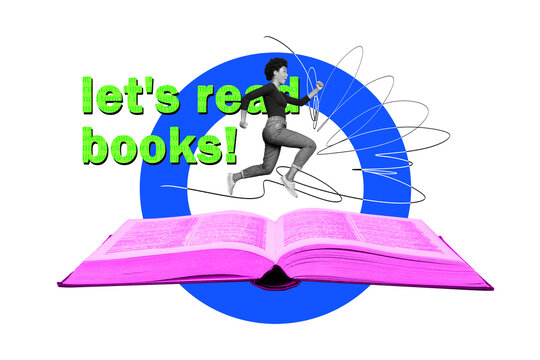 Composite creative art collage of happy american girl run book page education student bookworm hobby reader isolated on painted background