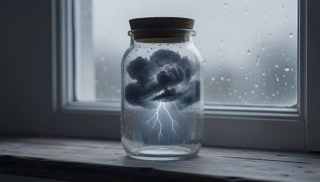 Thunderstorm cloud with lightning trapped inside glass jar on windowsill