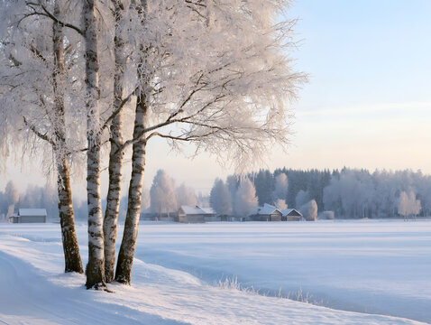 Winter landscape with frosty birch trees in foreground and village houses in the background on a snowy morning.