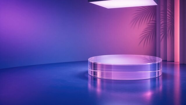 Empty glass podium on purple neon stage with palm leaf shadows, product display