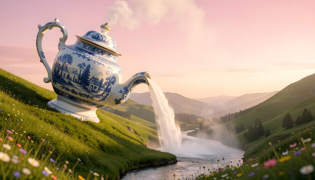 Giant porcelain teapot pouring waterfall into green valley at sunrise