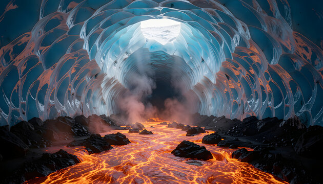 Glacier ice cave with glowing lava river where fire meets ice