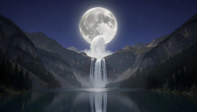 Surreal waterfall flowing upward into giant full moon over mountain valley