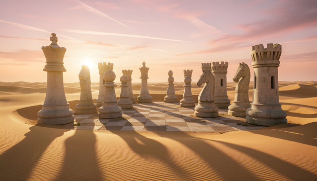Giant weathered stone chess pieces half-buried in desert dunes at sunset