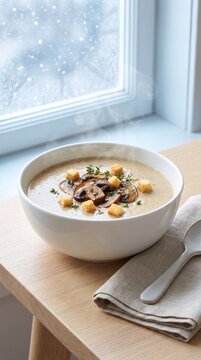 Creamy mushroom soup in a white bowl with croutons and herbs on a wooden table beside a spoon and folded napkin near a snowy winter window, with sliced mushrooms and parsley, vertical photo