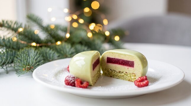 An elegant individual pistachio mousse entremet with a smooth pale green glaze, a precise cut revealing creamy pistachio layers and a vivid raspberry center, tiny fresh raspberries, winter bakery