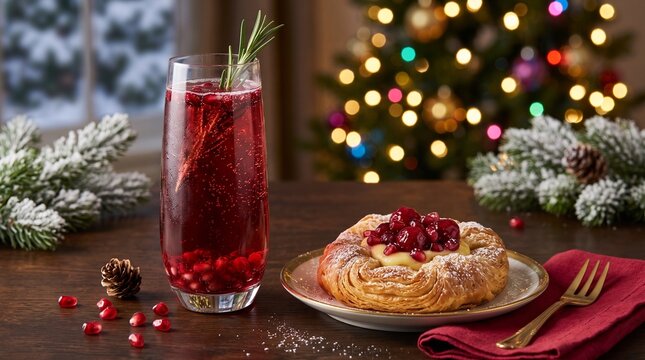 Festive holiday table with red sparkling drink, rosemary garnish, a golden Danish pastry filled with vanilla cream and glossy red berries, colorful Christmas tree lights for celebration