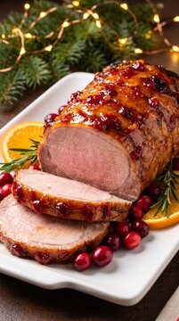 Glazed sliced roast on a white serving platter with orange, cranberries, rosemary, and evergreen branches beneath warm string lights, festive holiday food and Christmas dinner closeup