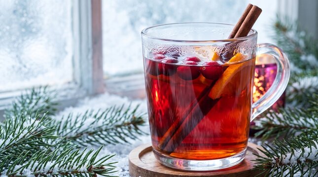 Clear glass mug of red spiced drink with cinnamon sticks, citrus slices, berries, ice, evergreen branches, snowy window, concept of winter drinks and holiday season