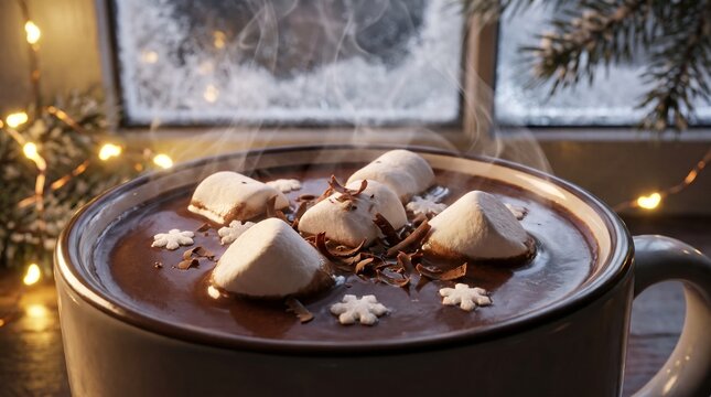 Hot chocolate in a ceramic mug topped with marshmallows, chocolate shavings, and white sprinkles, surrounded by warm glowing string lights and evergreen branches, concept of winter drinks