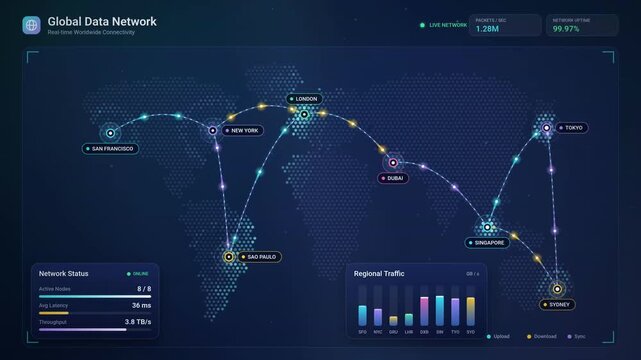 Global network dashboard with world map interface showing data connections and traffic analytics