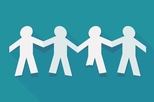 Flat design illustration of paper cut figures holding hands with an amputee person, symbolizing inclusion, support, and diversity