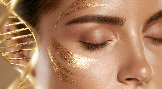 Woman closed her eyes, face beauty portrait golden DNA helix strand skin care science background image