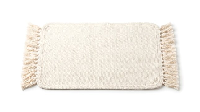 Cream woven fabric strip top view isolated. Frayed edge textile sample.
