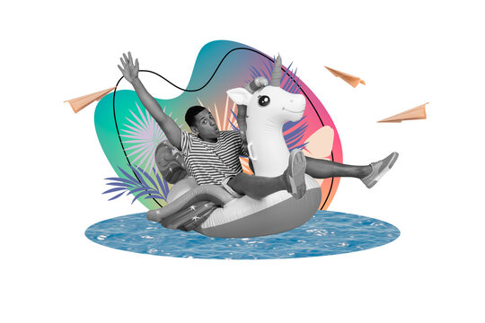 Composite collage image of&nbsp;young man swim beach inflatable ring have fun unicorn&nbsp;fantasy billboard comics zine minimal