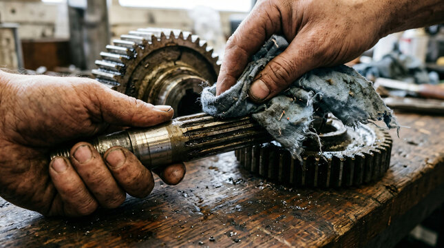 Close-up of a mechanic wiping down a dirty metal drive shaft and heavy steel gears with a greasy rag on a worn wooden workbench in a busy industrial workshop setting.