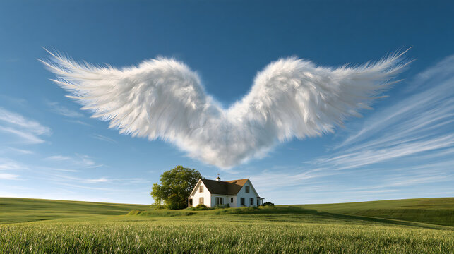 A bright and joyful photograph of a clear blue sky, featuring a single white cloud shaped like a pair of fully unfurled, feathered wings, hovering above a small farm