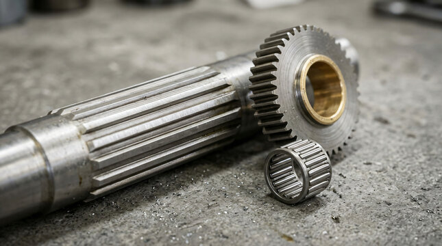 Close up shot of precision machined mechanical components including a steel driveshaft with splines, a spur gear with bronze bushing and a needle roller bearing resting on a concrete workshop floor.