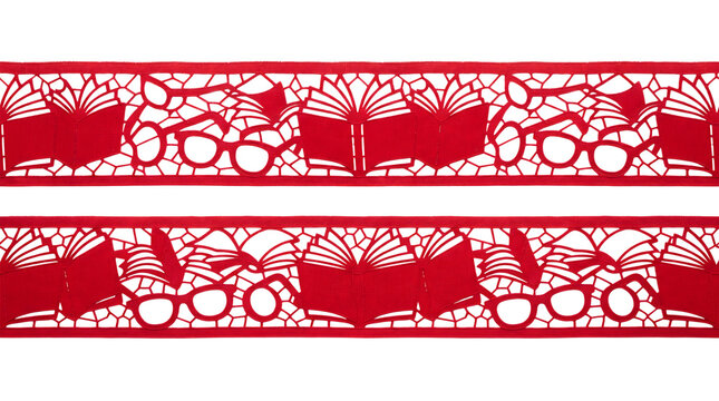 Red intricate lace ribbon with floral motifs isolated on transparent