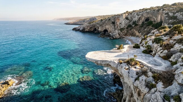 Cliffside viewpoint overlooking turquoise sea and rocky coastline.