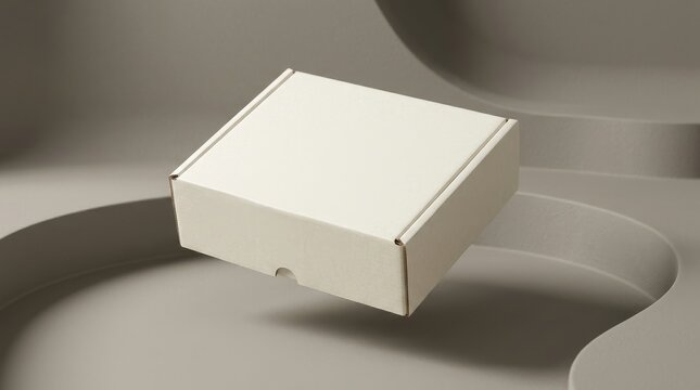 Blank white cardboard mailer box floating over minimal beige geometric background for product mockup.