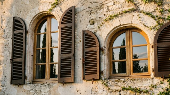 Old stone wall with arched windows and wooden shutters.