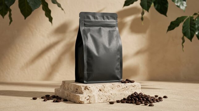 Black coffee pouch bag on stone pedestal with scattered beans for organic coffee brand marketing.