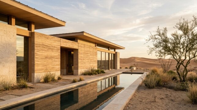 Modern luxury desert house with rammed earth walls and swimming pool at sunset for architectural design inspiration.