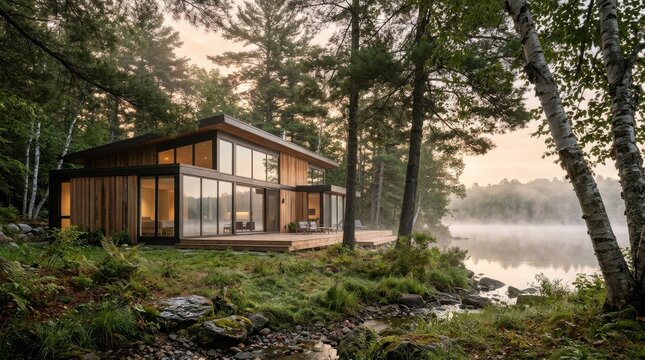 Modern wooden lakeside cottage with large windows in foggy forest setting for architectural travel and retreat.