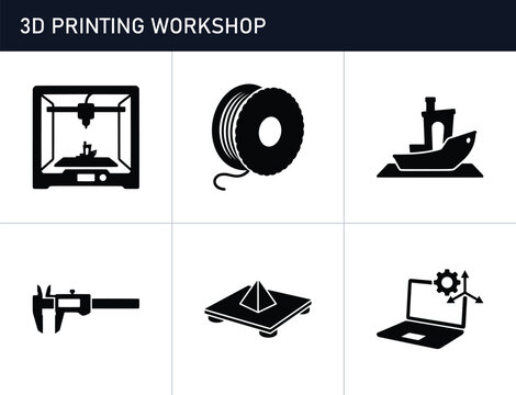3D printing icons set with workshop tools and equipment, technology and industry