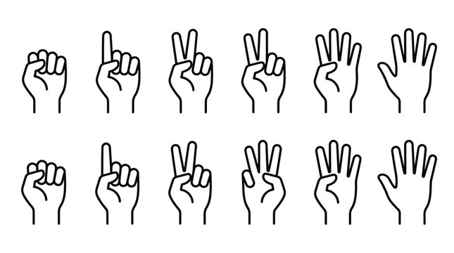 Minimalist line art icons depicting human hands counting numbers from zero to five