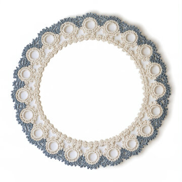 intricate handmade white, blue crochet lace doily featuring delicate circular patterns, traditional yarn craft artistry arranged on a plain white background for vintage textile design and home decor