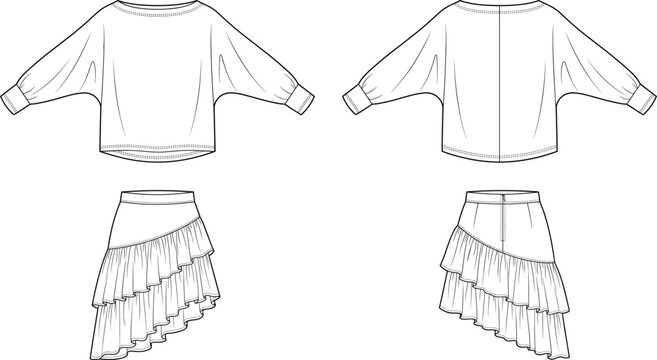 Women's dolman sleeve top and asymmetric ruffled skirt fashion flat sketch technical drawing template