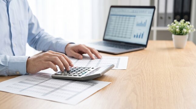 Accountant using calculator and laptop with financial spreadsheets on wooden desk