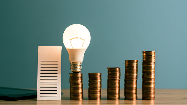 Rising electricity prices concept with an energy bill light bulb and increasing financial costs