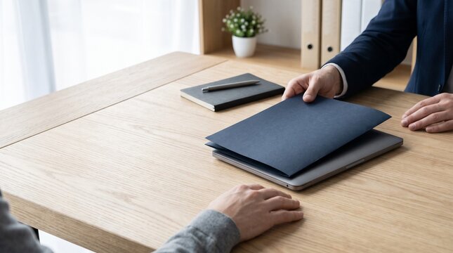 Job Interview Meeting Business Professional Handing Over Documents Folder to Candidate Sitting at Desk