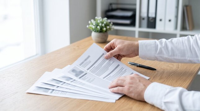 Recruiter reviewing multiple resumes on a wooden desk with a pen and potted plant in the background