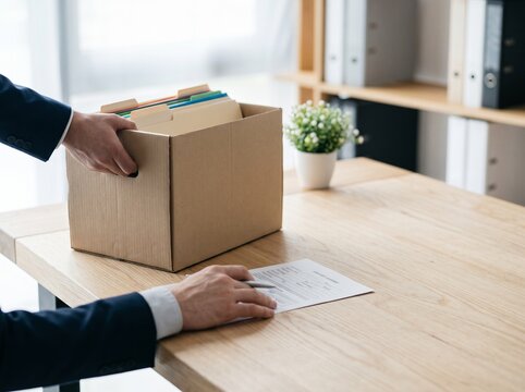 Business professional packing personal belongings in a cardboard box at an office desk during a layoff or resignation