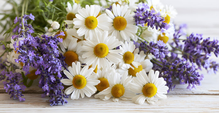 A floral arrangement featuring chamomile and deep purple lavender.