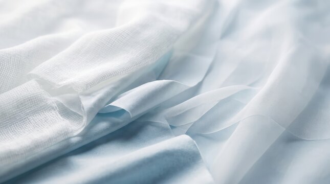 Soft white sterile gauze folds create an airy medical textile background with delicate woven texture, pale blue shadows and ample copy space