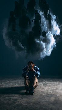 Man suffering from depression and anxiety is sitting on the floor. Distressed male is surrounded by shadow figures in dark storm clouds. Mental health crisis, psychological trauma, and social panic.