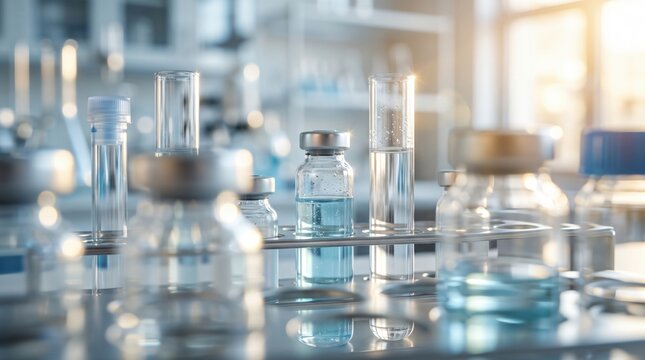 Clear laboratory test tubes and small vials filled with pale blue liquid stand on a reflective bench in a bright biomedical research facility