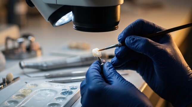 Gloved technician paints and refines a ceramic dental crown under magnification, focusing on color matching, anatomy and custom restoration