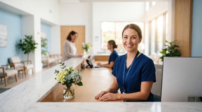 Smiling female receptionist welcomes visitors from a bright medical center desk, representing efficient front office service and patient support